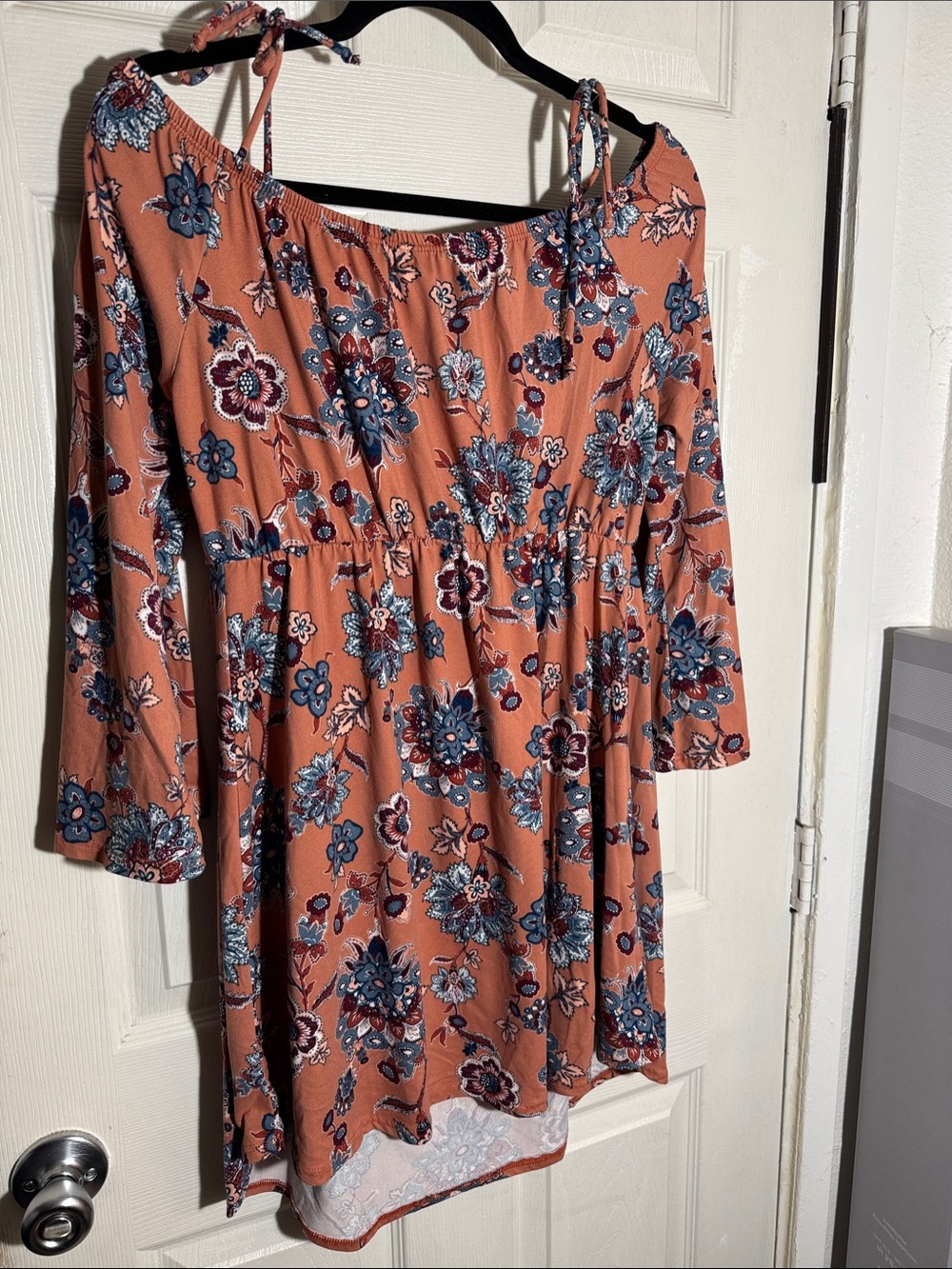 First Love Rust Floral Off-Shoulder Long Sleeve Dress with Blue Floral Print
